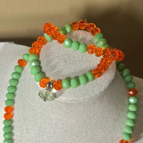 Murano Jade Green & Orange Glass & Shell 🐚 Handmade Artisan Jewelry set. - Picture 8 of 8